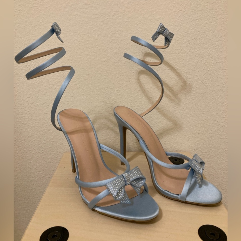 Wild Diva Light Blue Spiral Strap Heels Size 8 Bow Accent Sandals - Picture 6 of 12